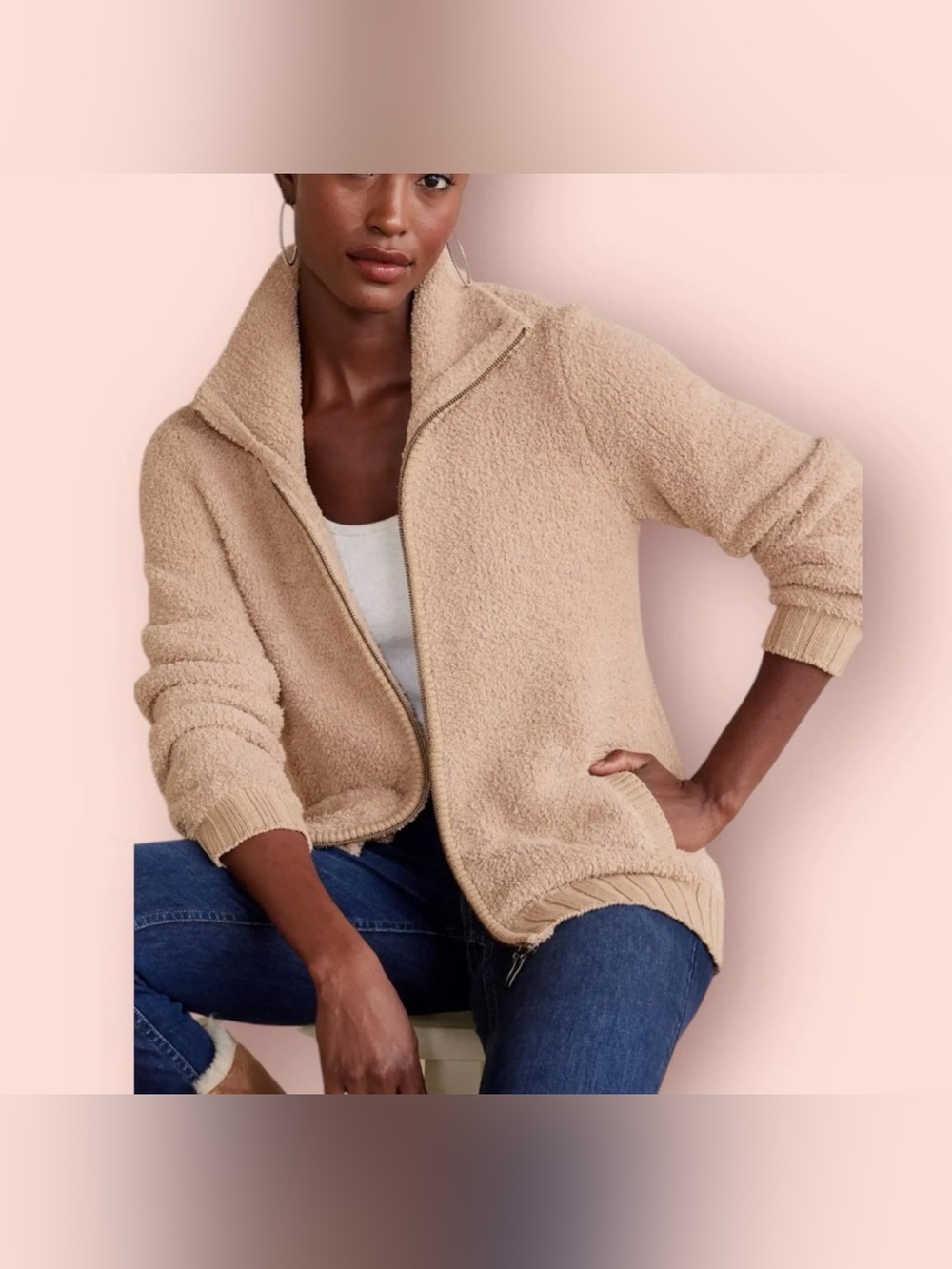 Soft Surroundings Sherpa Fleece Jacket Beige Full Zip Size Medium M Women